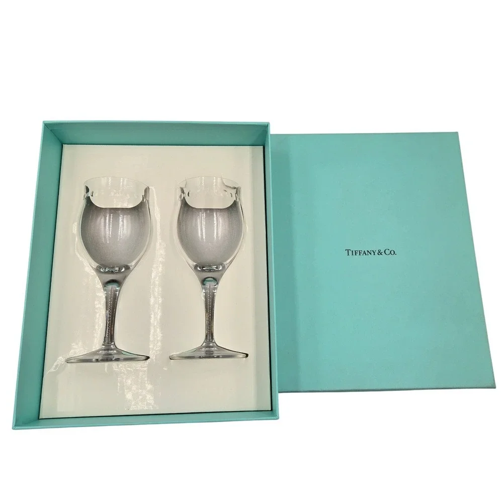 Tiffany & Co NEW Crystal Wine Glasses Set of 2 Etched Platinum Band Gift Boxed